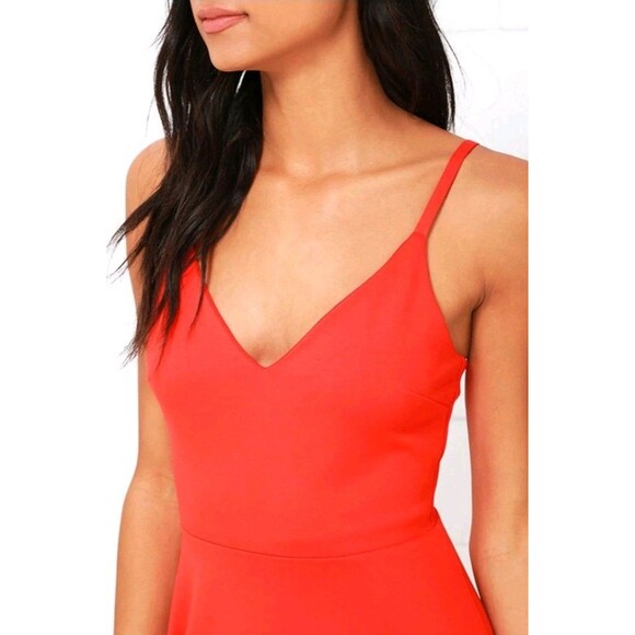 Lulus Coral Red Cocktail Midi Dress Womens LG Stretch V Neck Sexy Elegant Classy - Picture 4 of 14